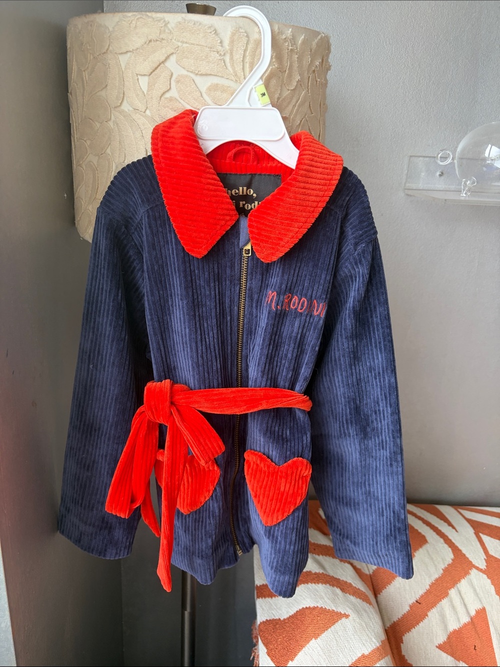 Mini Rodini Navy Corduroy heart Jacket with Red Collar & Belt